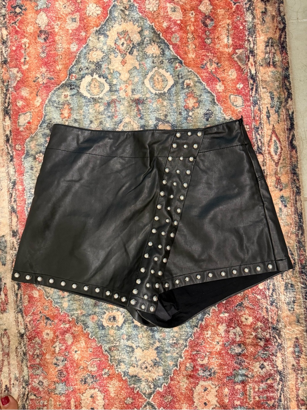 Free People Black Studded Faux Leather Mini Skort